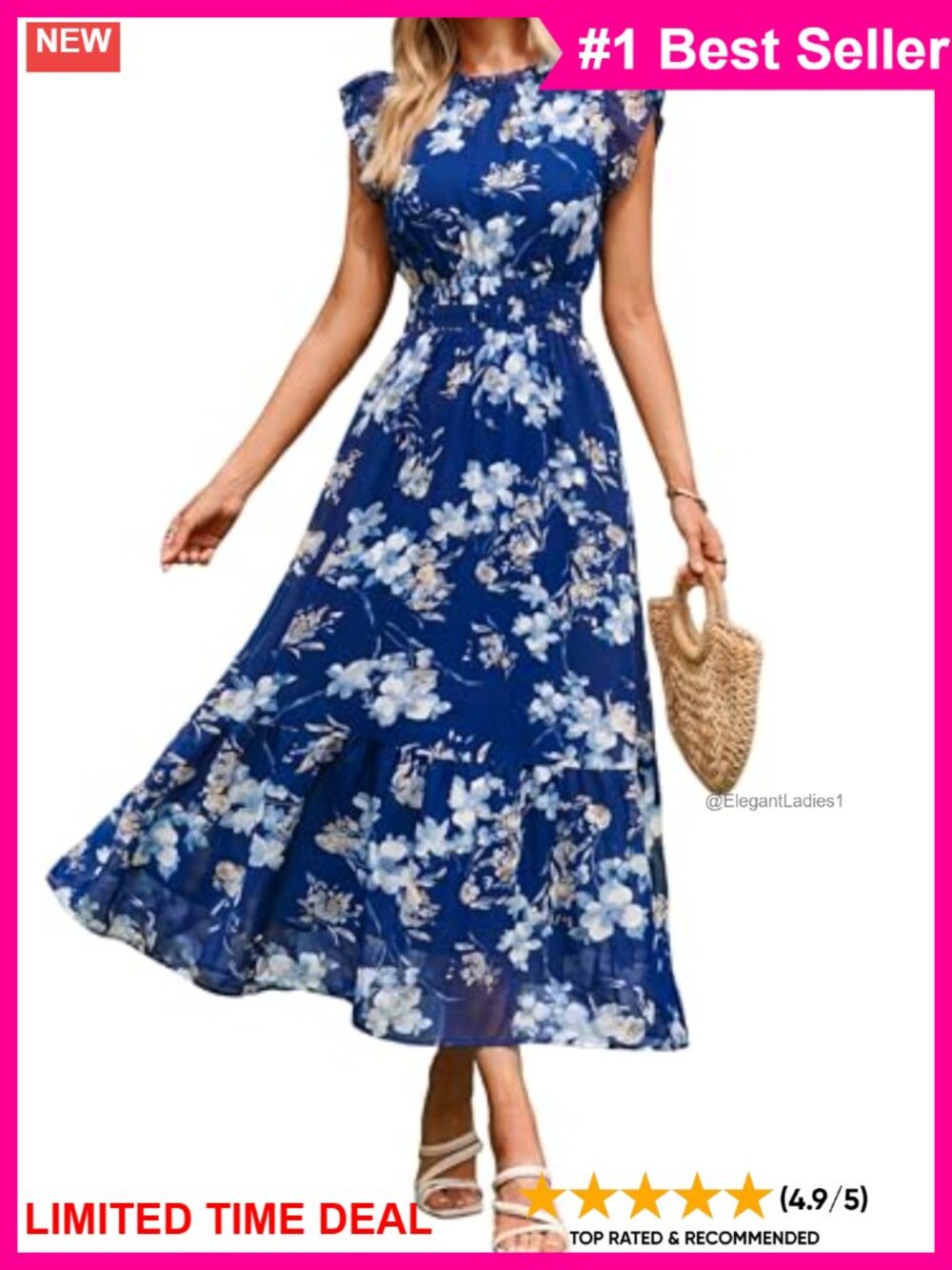 Floral Chiffon Maxi Dress Ruffle Crewneck Short Sleeve A-Line Wedding Guest